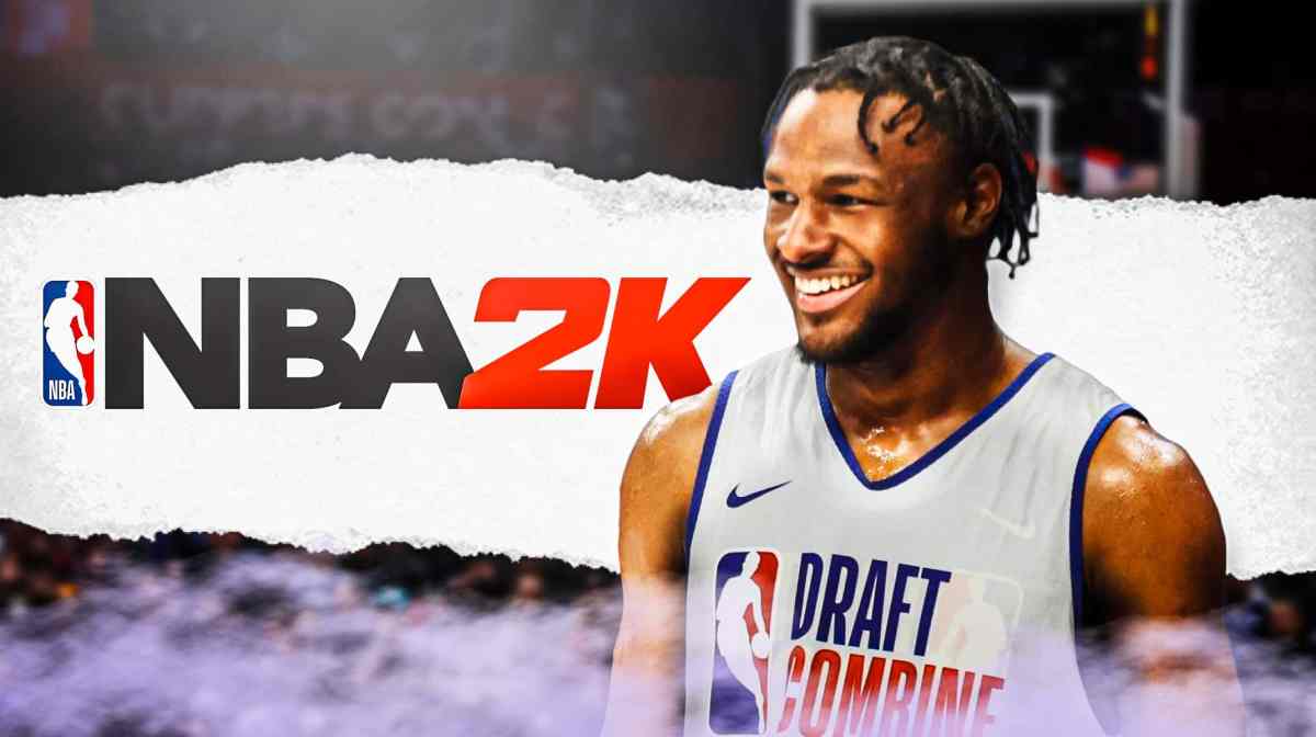 USC basketball guard Bronny James in NBA Draft Combine gear smiling next to 2K logo