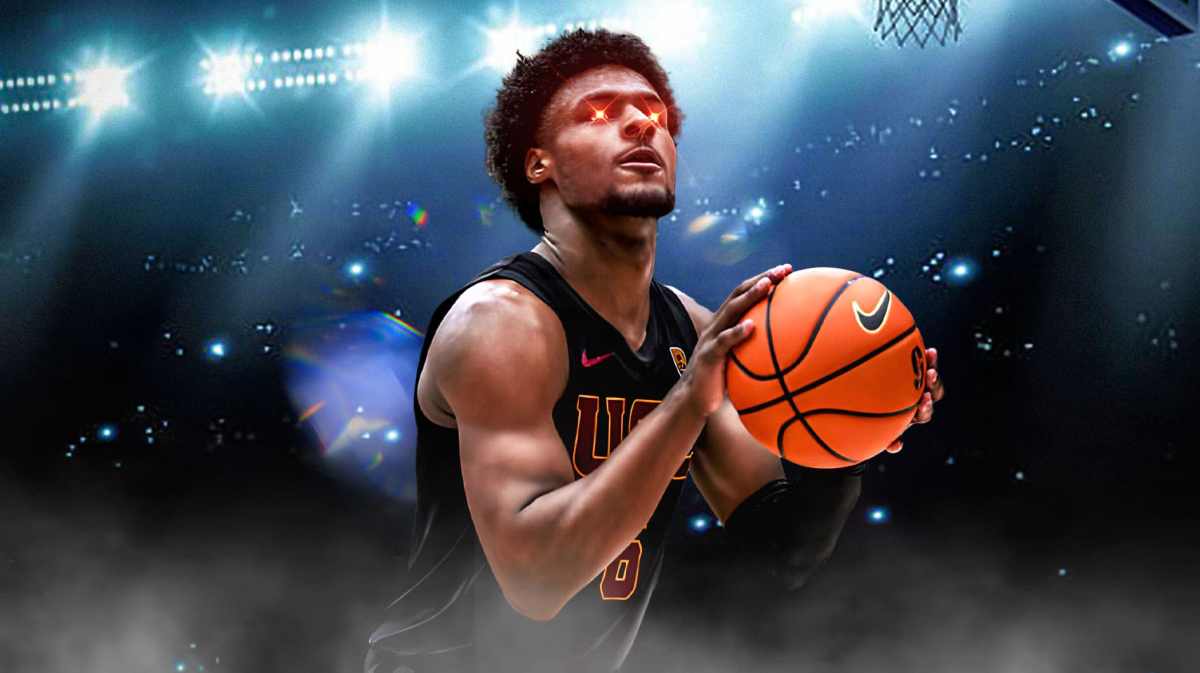 Bronny James shooting a ball and with woke eyes