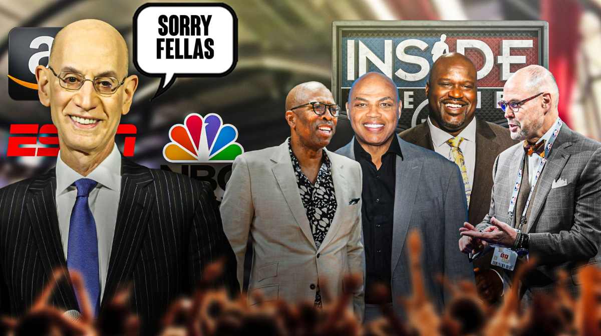 Adam Silver with ESPN, Amazon and NBC logos saying "Sorry fellas" next to Inside the NBA crew