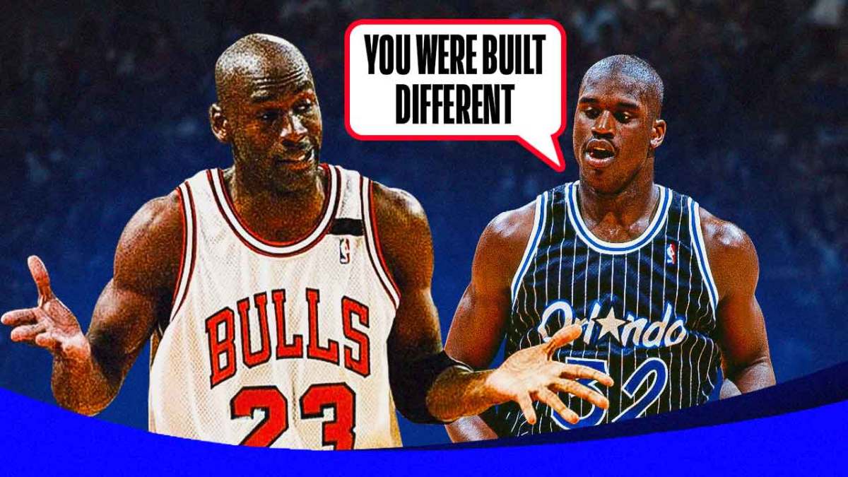Shaquille O'Neal looking at Michael Jordan and saying "you were built different"
