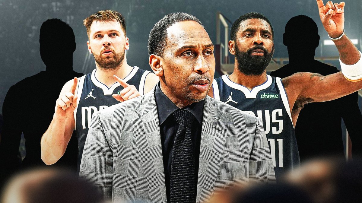 Stephen A. Smith stands next to Luka Doncic, Kyrie Irving, Stephen Curry, NBA backcourt shadows
