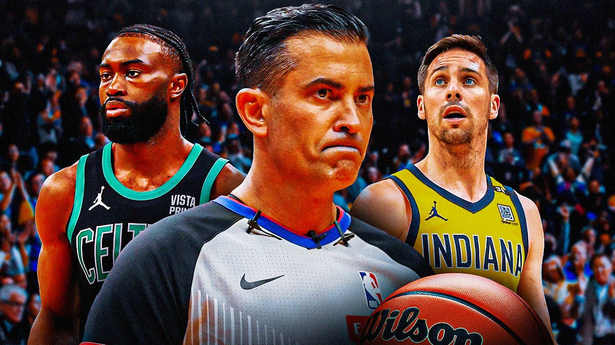 Boston Celtics player Jaylen Brown, NBA referee Zach Zarba, and Indiana Pacers player TJ McConnell