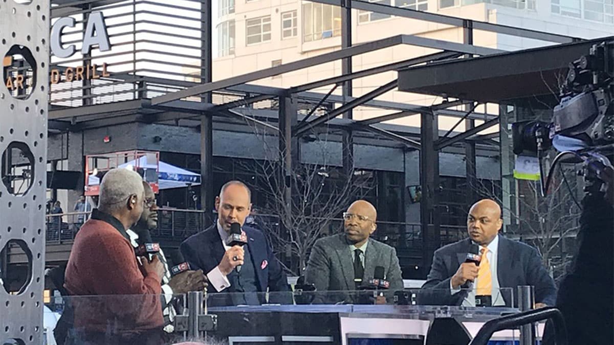 Former Bucks great Oscar Robertson, left, is interviewed on the TNT pregame show Wednesday by, starting with second from left, Shaquille O'Neal, Ernie Johnson, Kenny Smith and Charles Barkley