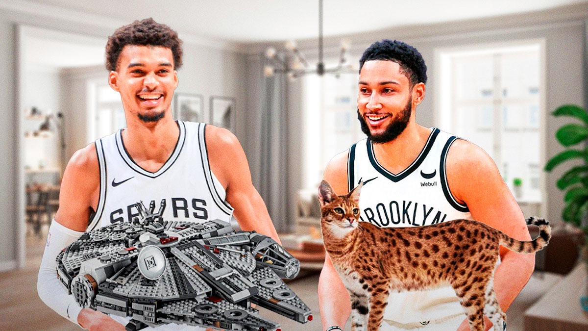 Victor Wembanyama with a LEGO Millenium Falcon and Ben Simmons with a Savannah cat.