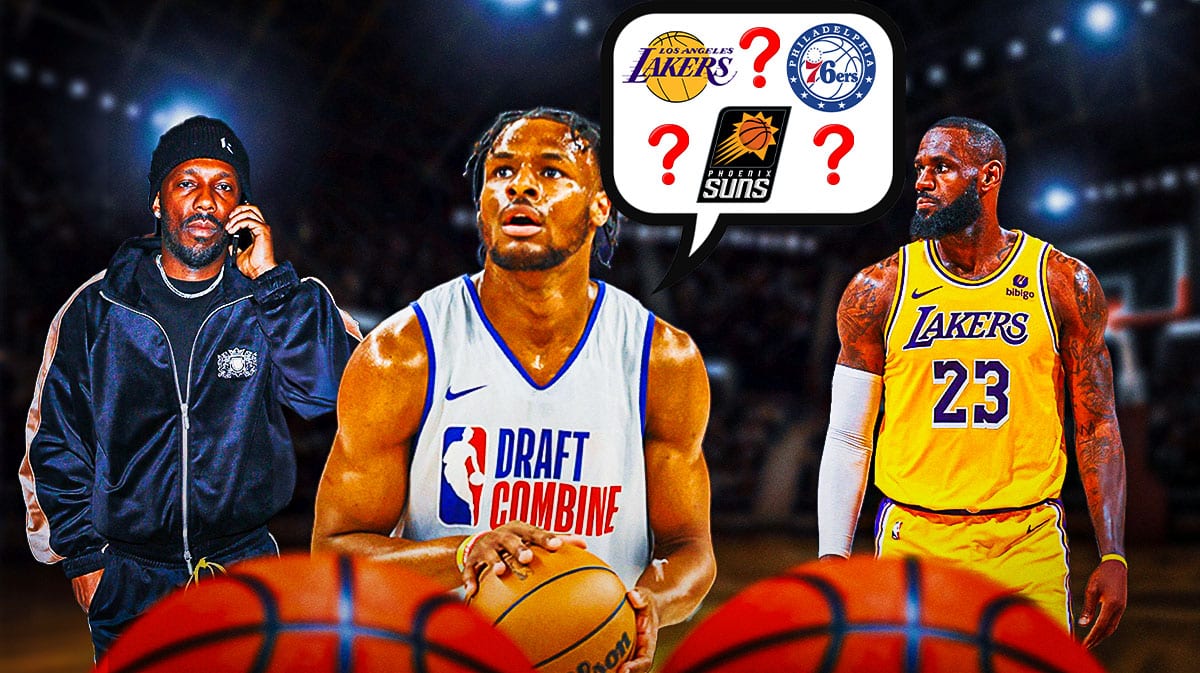 Bronny James with Lakers, 76ers, and Suns logos next to LeBron James and Rich Paul.