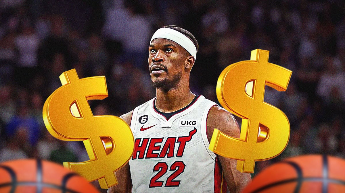 Miami Heat star Jimmy Butler in front of the Kaseya Center with money signs next to him.