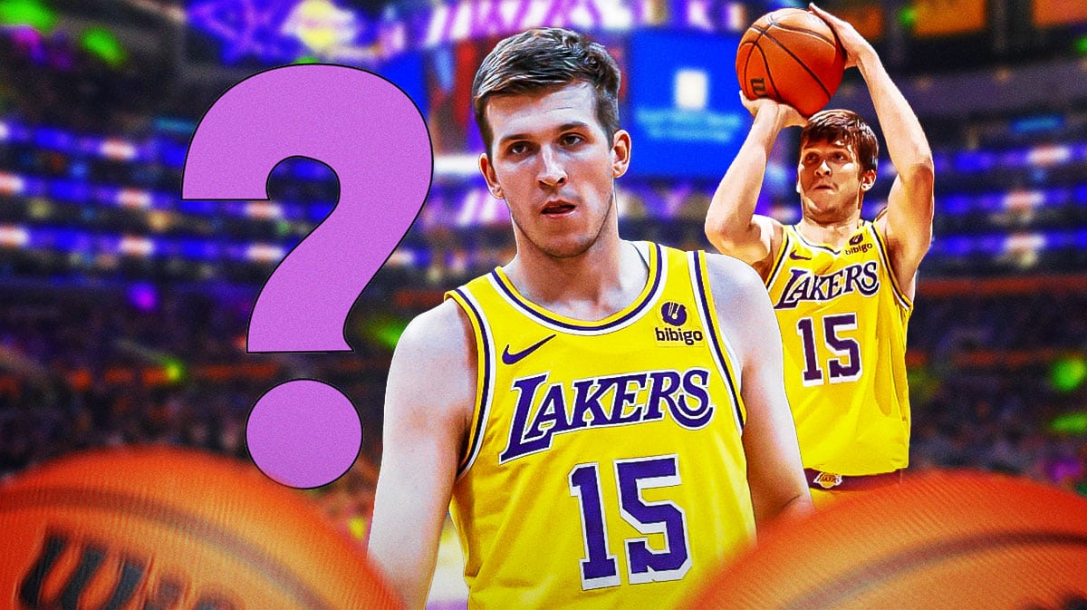 Lakers' Austin Reaves in front looking serious. In background, Lakers' Austin Reaves shooting a basketball. Place one large question mark somewhere in image.