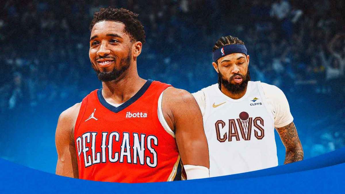 Cavs' Donovan Mitchell in a Pelicans uniform, with Brandon Ingram in a Cavs uni