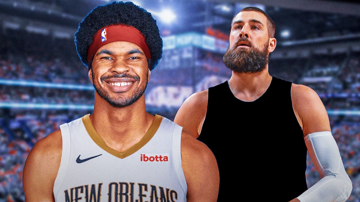 Cavs' Jarrett Allen in a Pelicans uniform, Jonas Valanciunas in a blank uniform