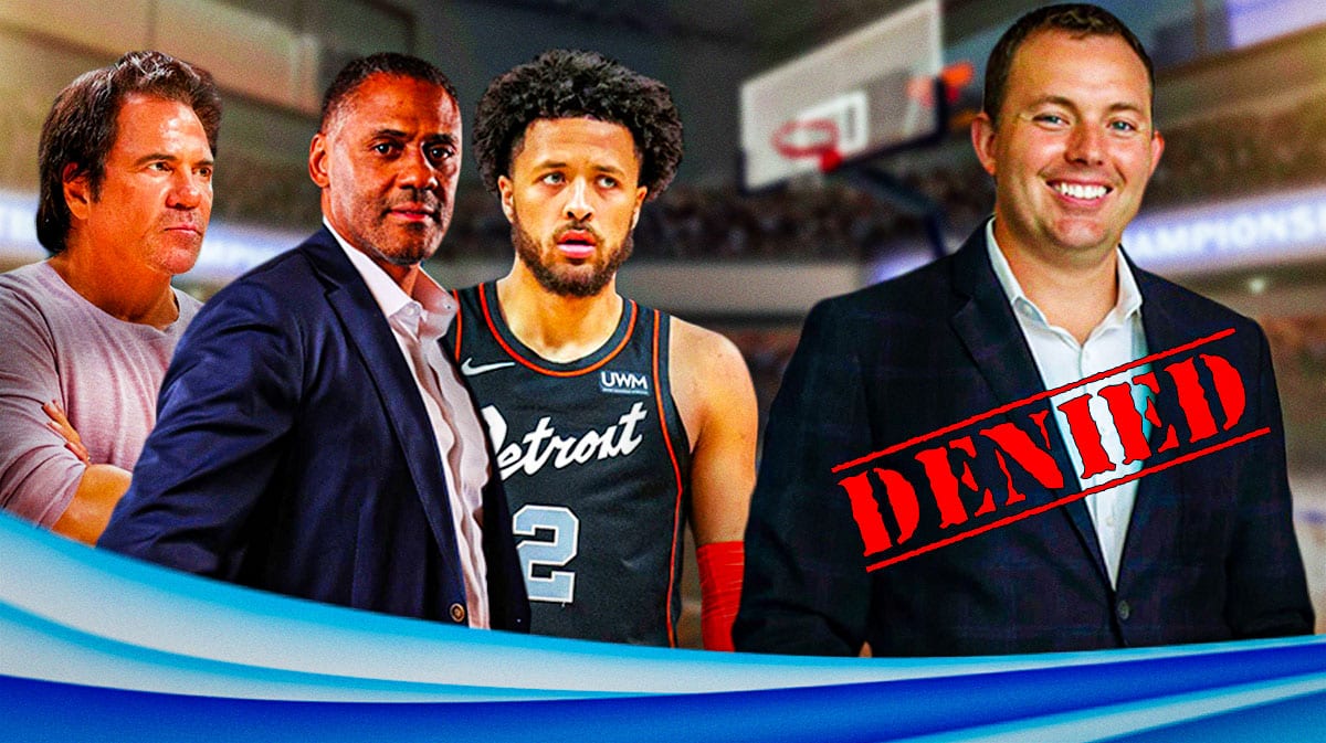 Pistons owner Tom Gores, Troy Weaver, and guard Cade Cunningham looking at Bucks' Jon Horst, with a denied stamp over Horst