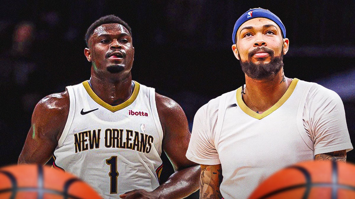 Zion Williamson on one side, Brandon Ingram on the other side in a blank jersey, a bunch of the big eyes emojis in the background