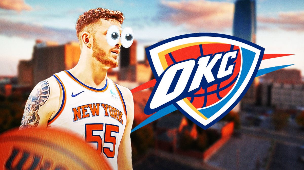 Isaiah Hartenstein looks at Thunder logo with bulging eyes