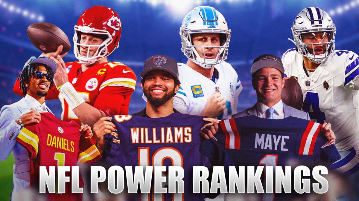 NFL draft guys holding their jerseys Caleb Williams, Jayden Daniels and Drake Maye and Chiefs Patrick Mahomes, Lions Jared Goff, Cowboys Dak Prescott representing 2024 32 team NFL Power Rankings