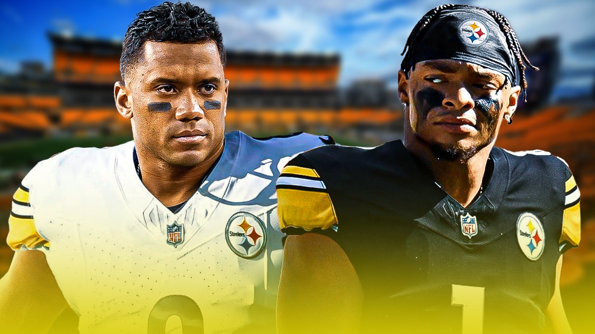 Pittsburgh Steelers stars Russell Wilson and Justin Fields in front of Acrisure Stadium.