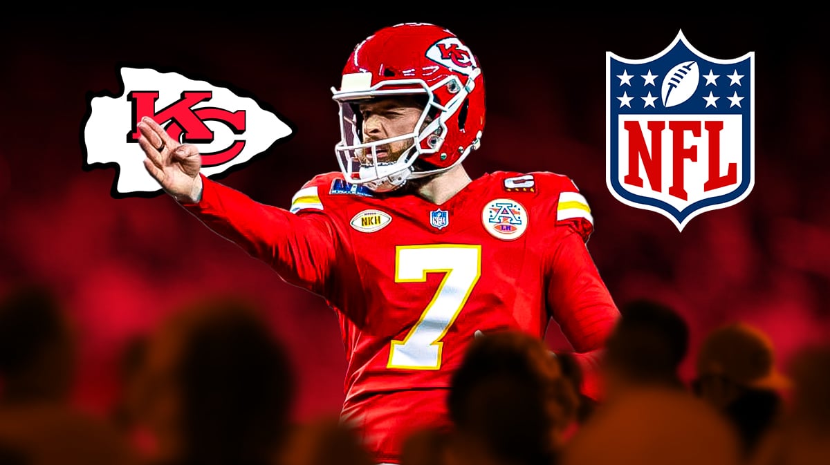 Chiefs kicker Harrison Butker stands next to NFL, women fans