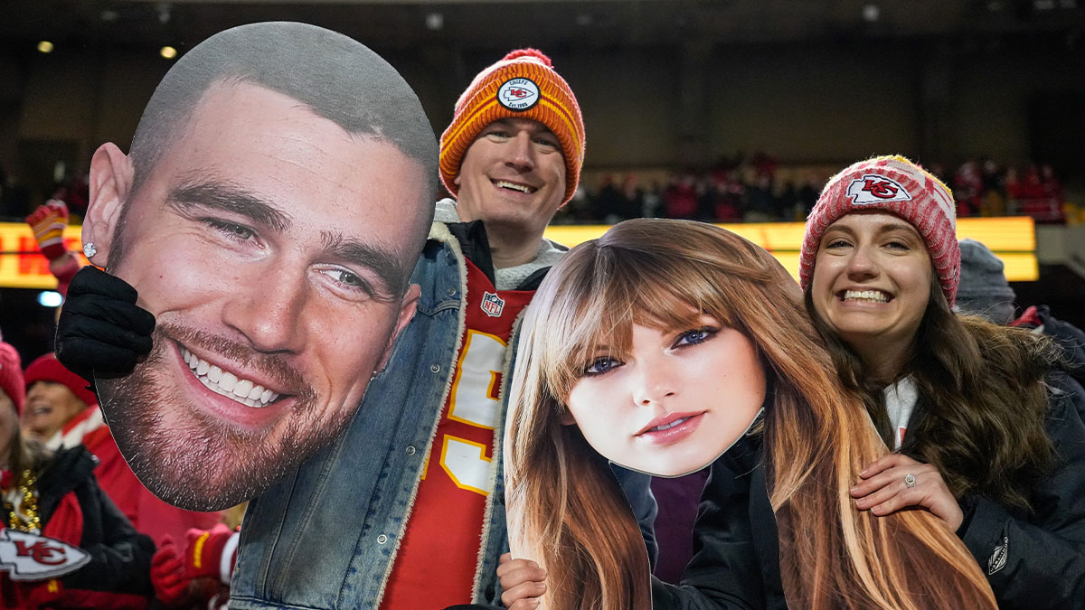 Dec. 31, 2023: Fans wave big heads of Travis Kelce and Taylor Swift during the Kansas City Chiefs' game against the Cincinnati Bengals at Arrowhead Stadium.