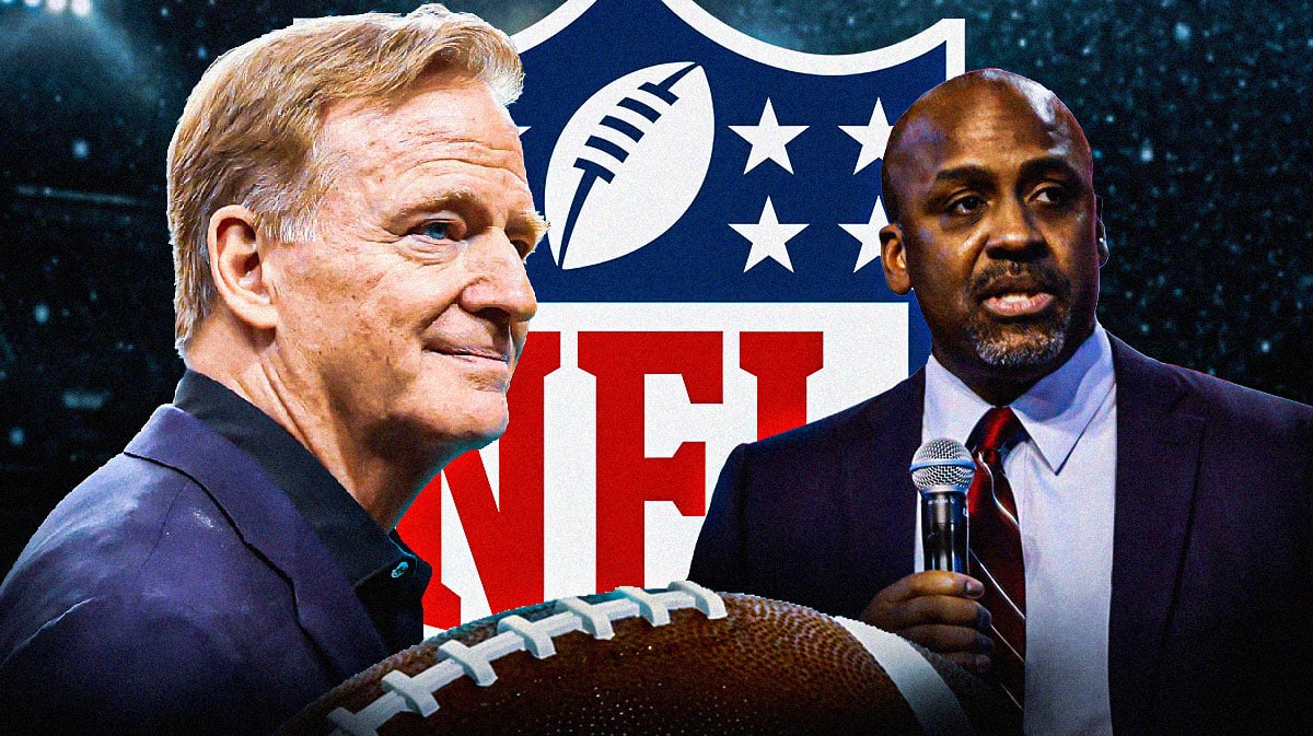 NFL Commissioner Roger Goodell with NFL’s senior vice president and chief diversity and inclusion officer Jonathan Beane. They are next to a logo for the NFL.