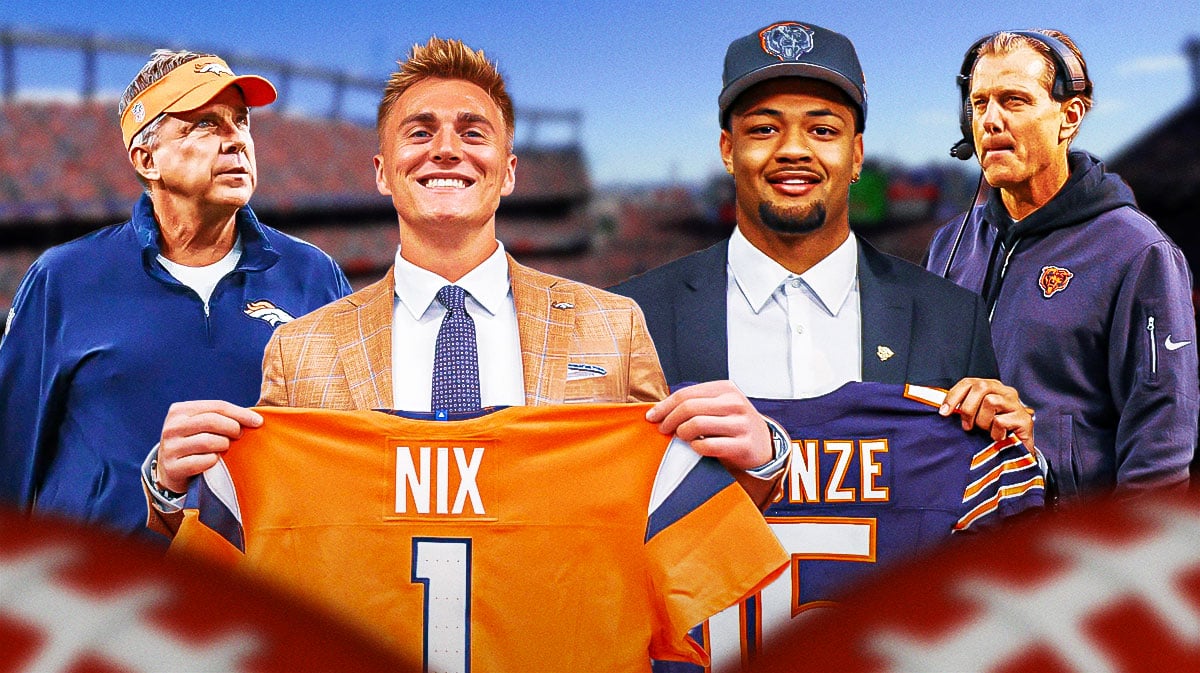 Denver Broncos rookie Bo Nix and head coach Sean Payton with Chicago Bears rookie Rome Odunze and head coach Matt Eberflus