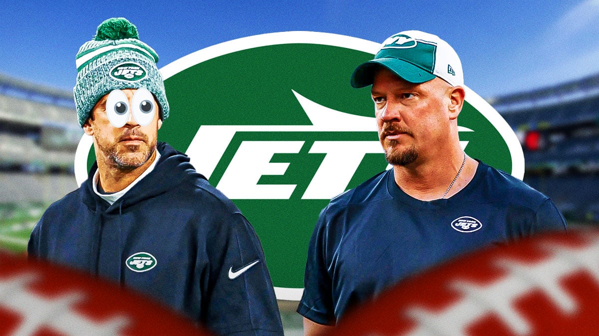 Jets Aaron Rodgers with emoji eyes in his eyes looking at Nathaniel Hackett