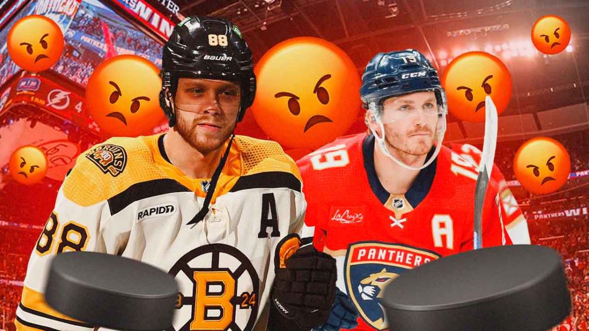 Matthew Tkachuk and David Pastrnak fighting in the Panthers-Bruins game.