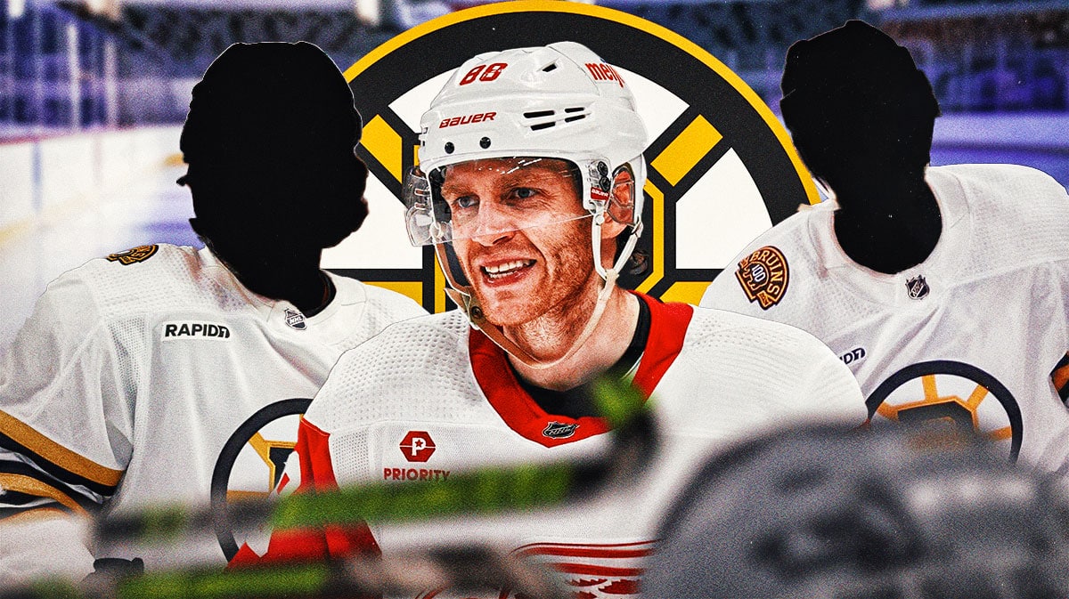 Patrick Kane in middle of image, one silhouetted Boston Bruins player on each side, Boston Bruins logo, hockey rink in background