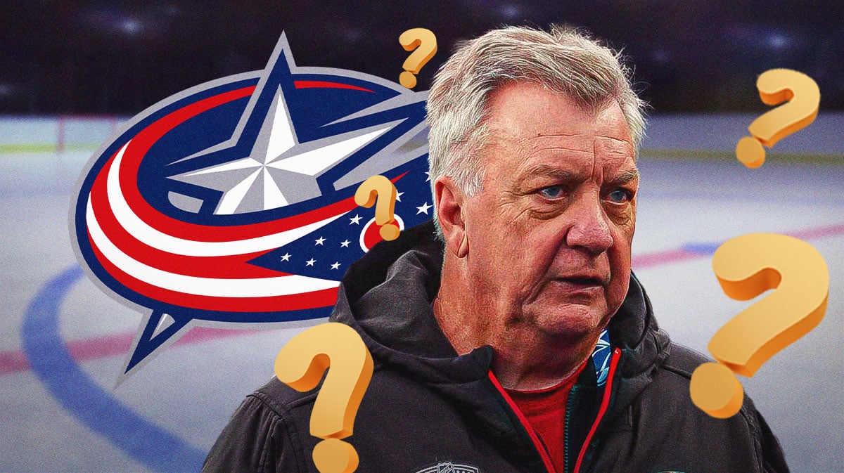 Don Waddell in middle of image looking thoughtful, Columbus Blue Jackets logo, 3-5 question marks, hockey rink in background
