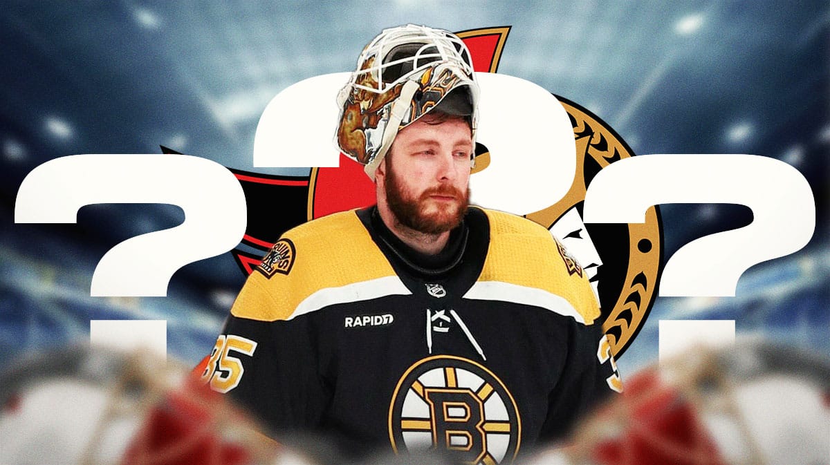 Linus Ullmark in image looking stern, 3-5 question marks, Ottawa Senators logo, hockey rink in background