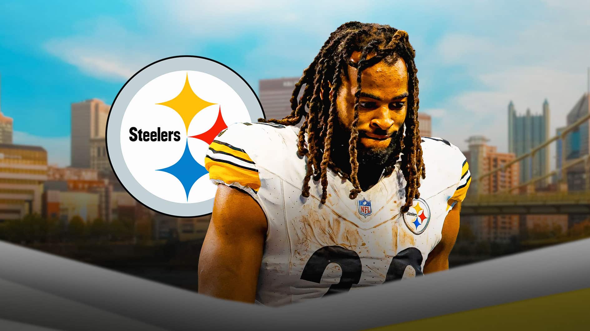 Najee Harris with Steelers logo and Pittsburgh skyline in background