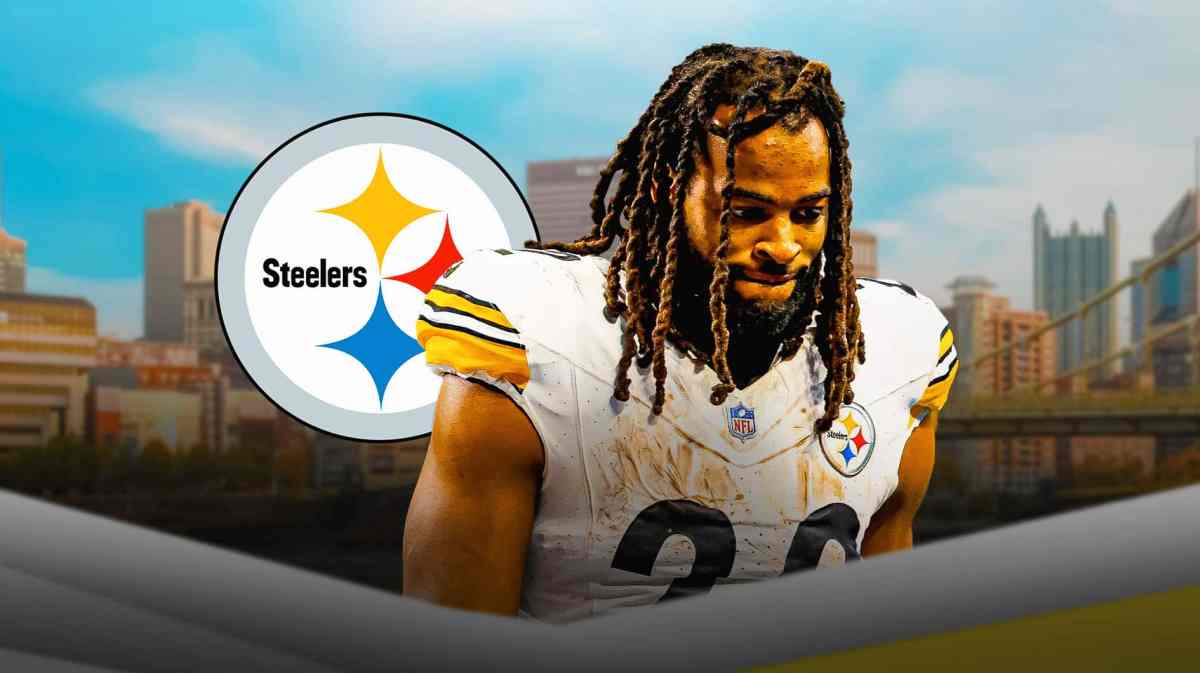 Najee Harris with Steelers logo and Pittsburgh skyline in background