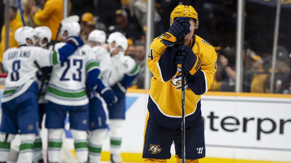 Nashville Predators right wing Michael McCarron (47) reacts to the win by Vancouver Canucks during the third period in game six of the first round of the 2024 Stanley Cup Playoffs at Bridgestone Arena.