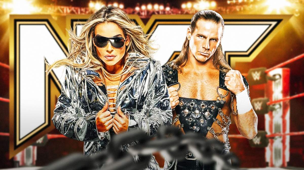 2024 Natalya next to Shawn Michaels with the NXT logo as the background.