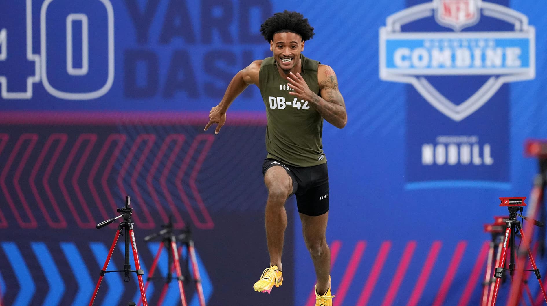 Clemson defensive back Nate Wiggins (DB42) works out during the 2024 NFL Combine at Lucas Oil Stadium.