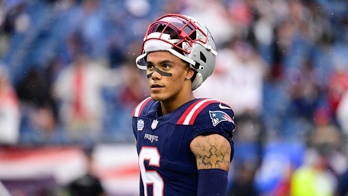 New England Patriots cornerback Christian Gonzalez (6) prepares for a game against the Philadelphia Eagles during the warm-up period at Gillette Stadium.