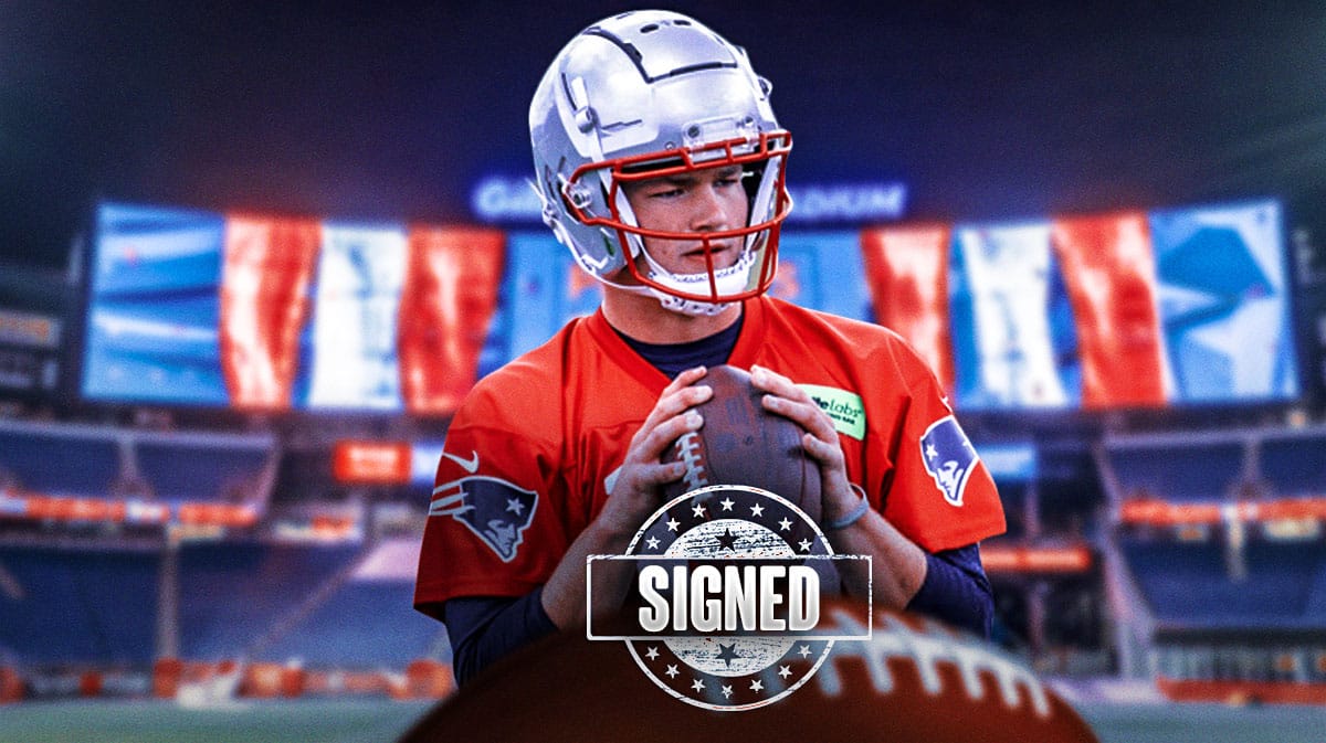 Drake Maye in a Patriots jersey with "SIGNED" stamped over him.