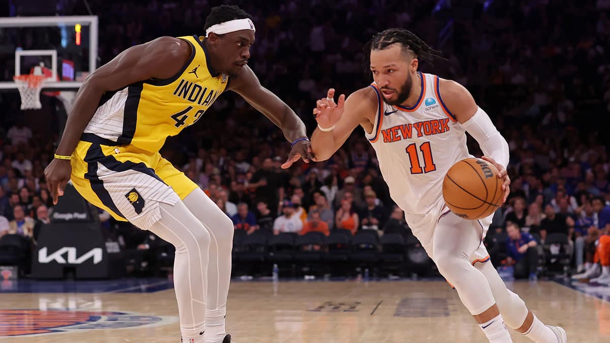 May 19, 2024; New York, New York, USA; New York Knicks guard Jalen Brunson (11) drives to the basket against Indiana Pacers forward Pascal Siakam (43) during the third quarter of game seven of the second round of the 2024 NBA playoffs at Madison Square Garden. Mandatory Credit: Brad Penner-USA TODAY Sports