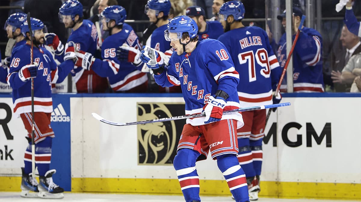 New York Rangers left wing Artemi Panarin (10) celebrates after scoring a goal in the third period against the Carolina Hurricanes in game one of the second round of the 2024 Stanley Cup Playoffs at Madison Square Garden. 