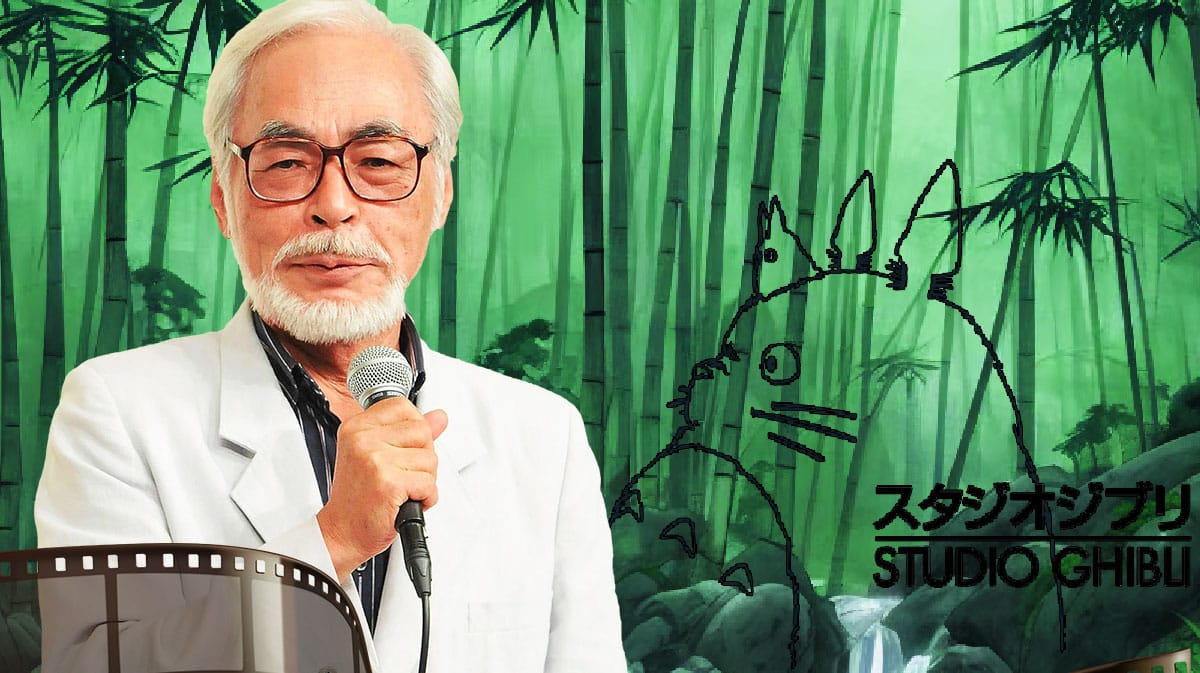 Hayao Miyazaki with Studio Ghibli logo and Japanese forest background.