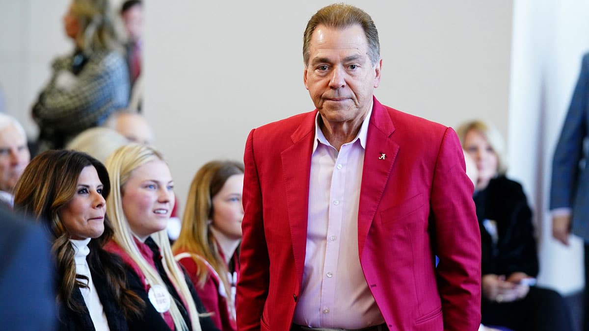 University of Alabama former head coach Nick Saban attends a press conference to introduce the new head football coach Kalen DeBoer (not pictured) in the North end zone at Bryant-Denny Stadium