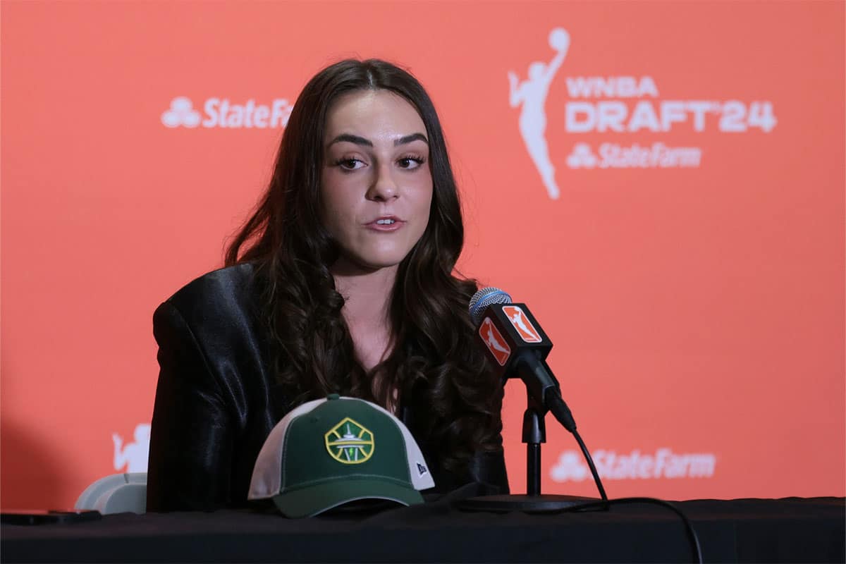 Nika Muhl speaks in an interview after she is selected with the number fourteen overall pick to the Seattle Storm in the 2024 WNBA Draft.