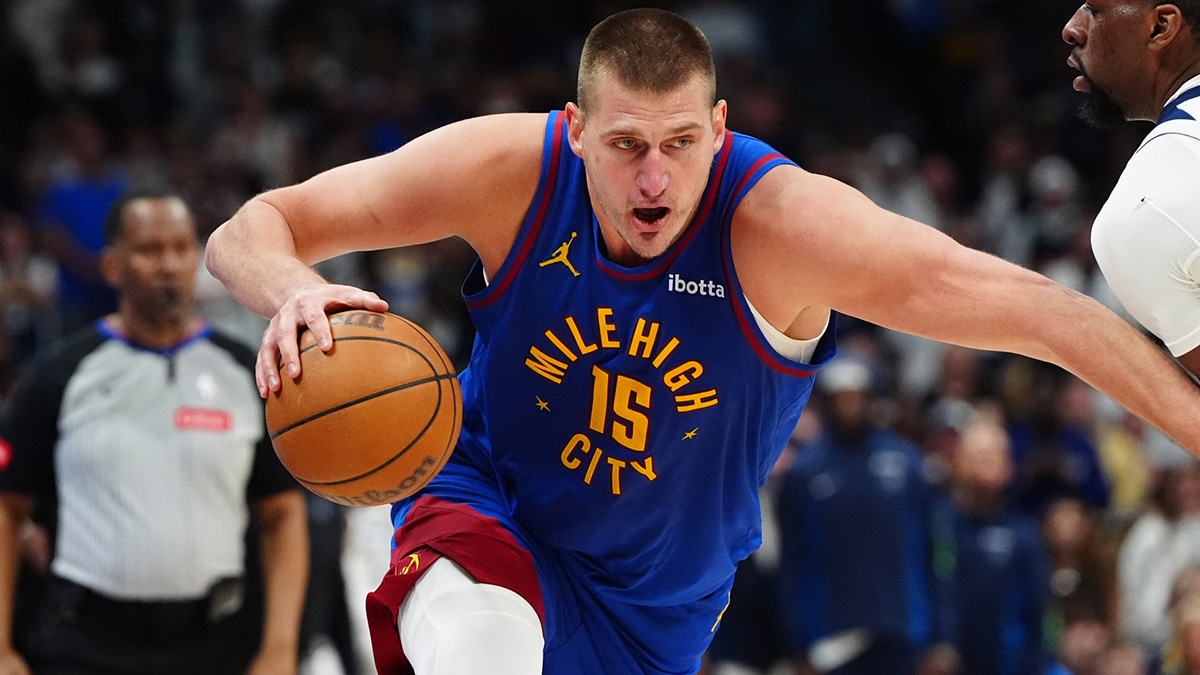 Denver Nuggets center Nikola Jokic (15) controls the ball in the second half against the Minnesota Timberwolves during game one of the second round for the 2024 NBA playoffs at Ball Arena.