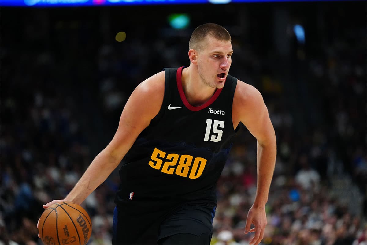 Denver Nuggets center Nikola Jokic (15) drives with the ball in the third quarter against the Minnesota Timberwolves in game seven of the second round for the 2024 NBA playoffs at Ball Arena.