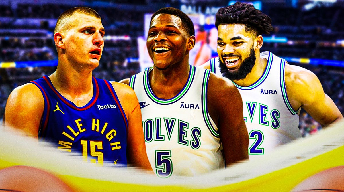 Nuggets' Nikola Jokic looking serious in front. Timberwolves' Anthony Edwards, Timberwolves' Karl-Anthony Towns smiling in background.