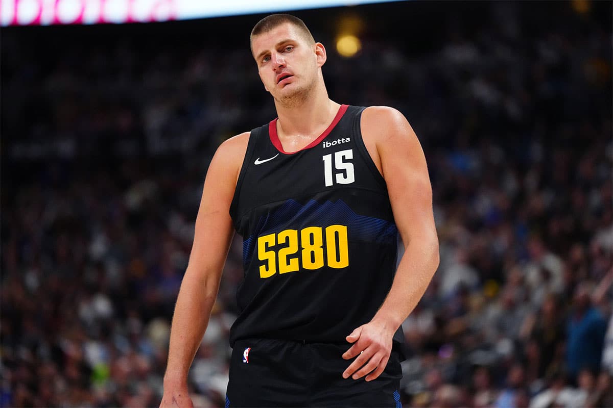 Denver Nuggets center Nikola Jokic (15) during the first half against the Minnesota Timberwolves in game seven of the second round for the 2024 NBA playoffs at Ball Arena. 
