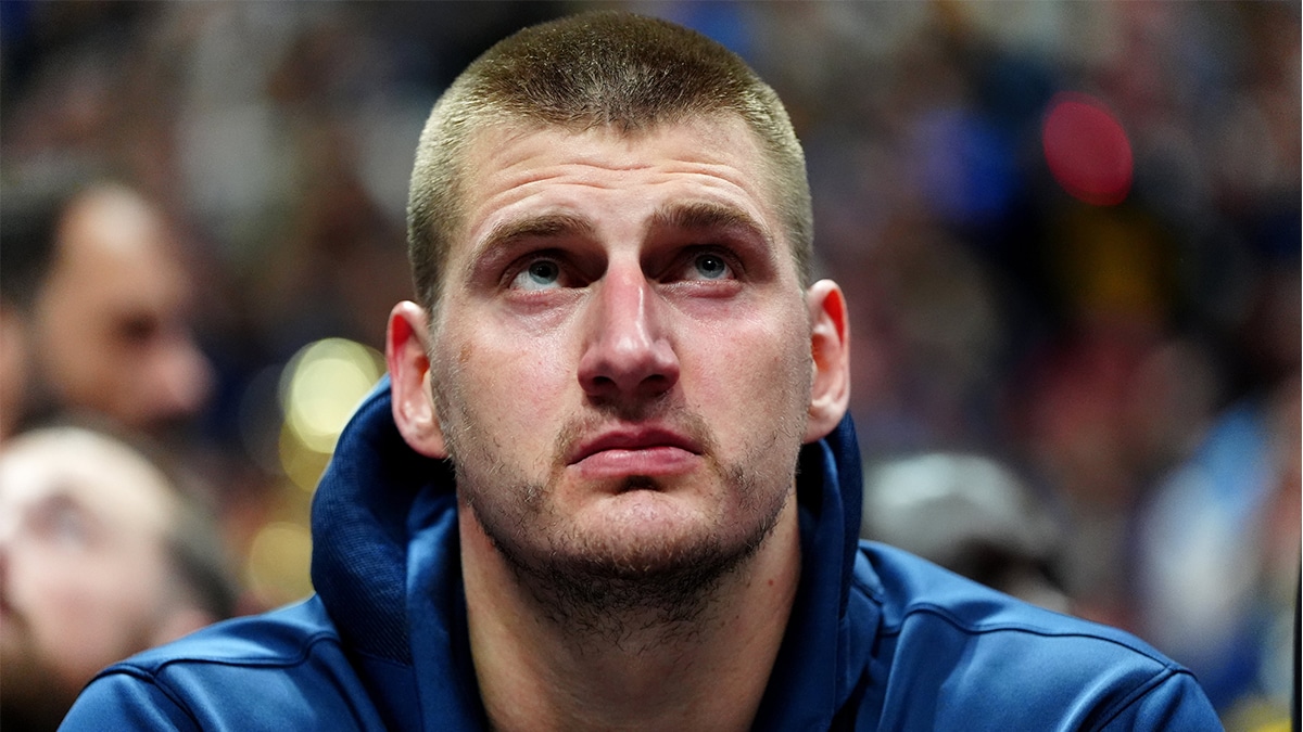 Denver Nuggets center Nikola Jokic (15) on the bench in the second half against the Minnesota Timberwolves during game one of the second round for the 2024 NBA playoffs at Ball Arena.