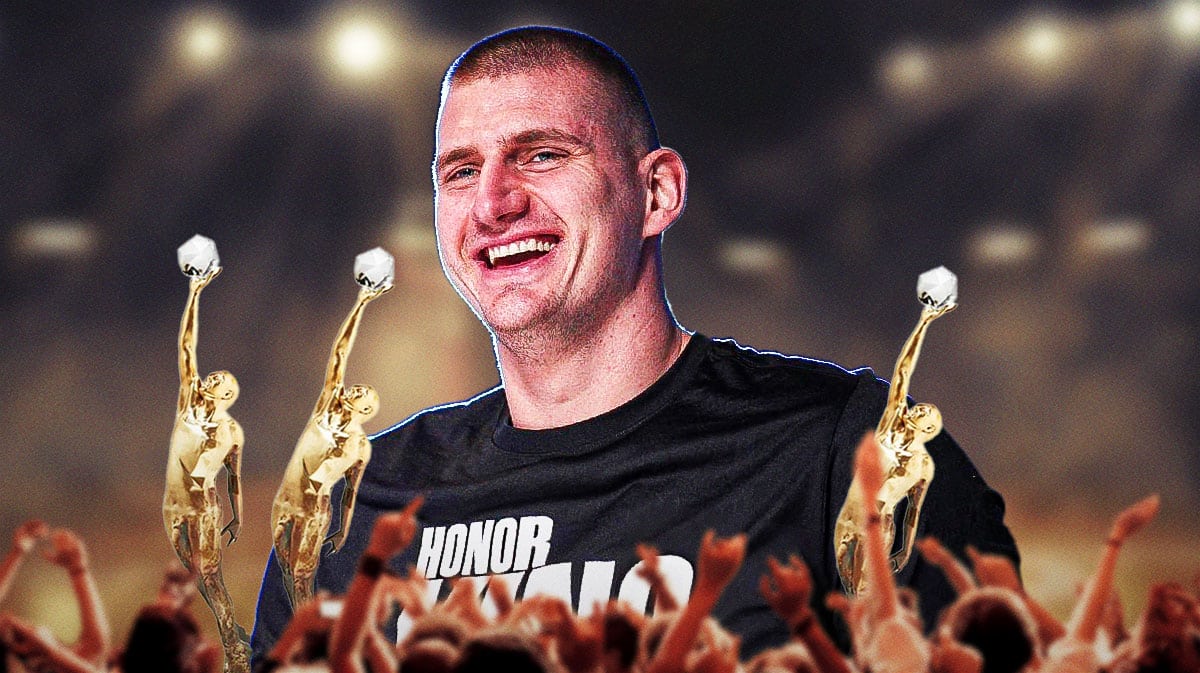 Nikola Jokic with three NBA MVP trophies.