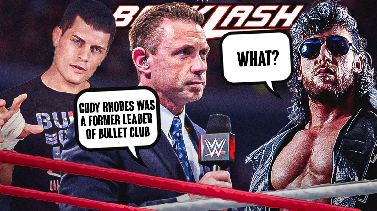 Michael Cole with a text bubble reading "Cody Rhodes was a former leader of Bullet Club" next to Bullet Club Cody Rhodes and "The Cleaner" Kenny Omega with a text bubble reading "What?" with the 2024 WWE Backlash logo as the background.