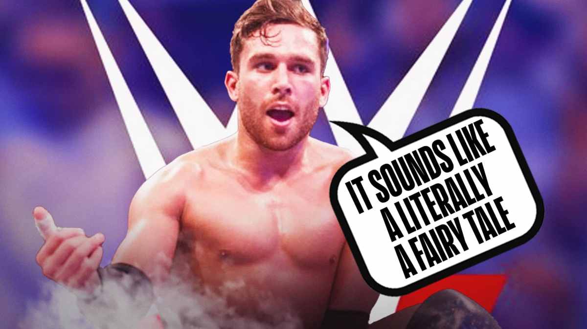 Noam Dar in from of the WWE logo with a text bubble reading, "It sounds like a literally a fairy tale"