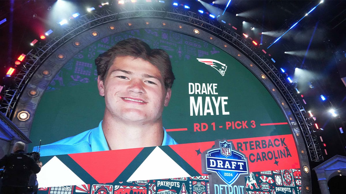 North Carolina Tar Heels quarterback Drake Maye is selected as the No. 3 pick of the first round by the New England Patriots during the 2024 NFL Draft at Campus Martius Park and Hart Plaza.