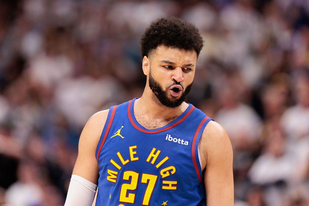 Denver Nuggets guard Jamal Murray (27) reacts during the fourth quarter against the Los Angeles Lakers in game one of the first round for the 2024 NBA playoffs at Ball Arena.