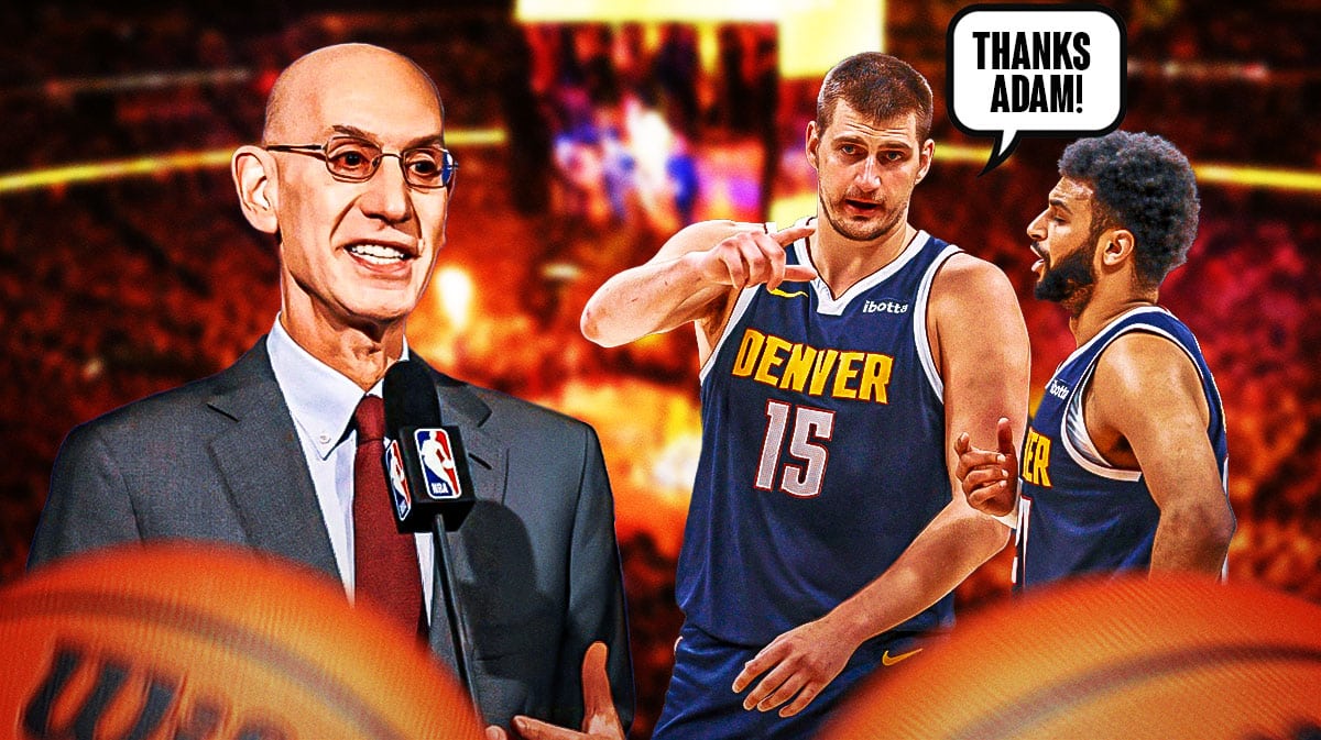 Nuggets' Jamal Murray and Nikola Jokic saying "Thanks Adam" to Adam Silver